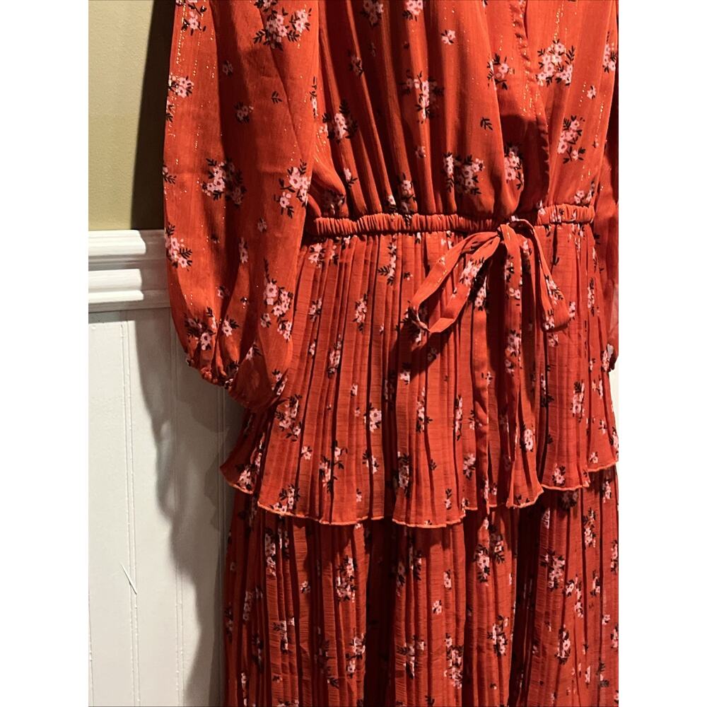 Alice Blue NWT Rust Orange Floral Ruffled V Neck Long Dress 3/4 Balloon Sleeve - Picture 3 of 11